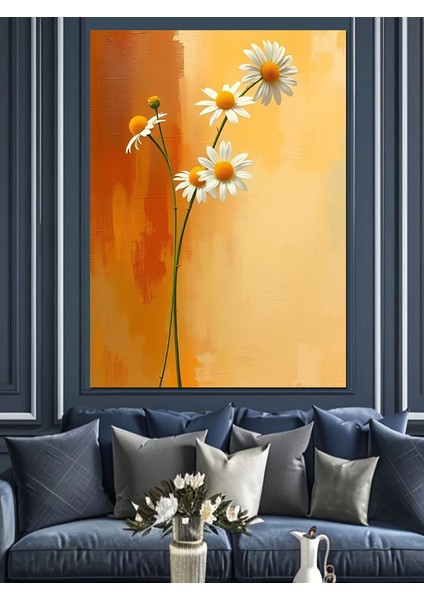 Beyaz Papatya ve Turuncu Arka Plan Dekoratif Kanvas - Mdf Ahşap Tablo fırsatları