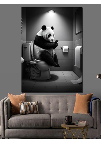Tuvalette Oturan Panda Dekoratif Kanvas - Mdf Ahşap Tablo modelleri