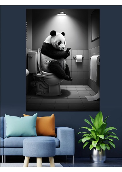 Tuvalette Oturan Panda Dekoratif Kanvas - Mdf Ahşap Tablo fırsatları