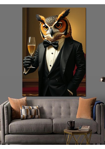 Smokinli Baykuş Portresi Dekoratif Kanvas - Mdf Ahşap Tablo