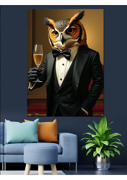 Smokinli Baykuş Portresi Dekoratif Kanvas - Mdf Ahşap Tablo fiyatları