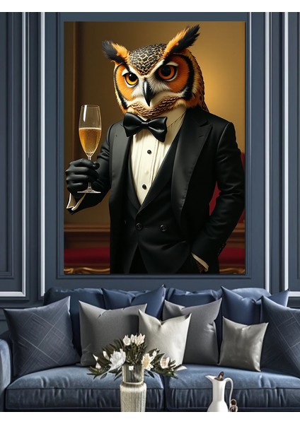 Smokinli Baykuş Portresi Dekoratif Kanvas - Mdf Ahşap Tablo fırsatları