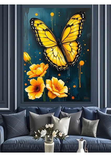 Sarı Kelebek Çizimi Dekoratif Kanvas - Mdf Ahşap Tablo