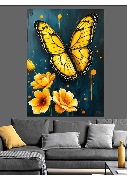 Sarı Kelebek Çizimi Dekoratif Kanvas - Mdf Ahşap Tablo fiyatları