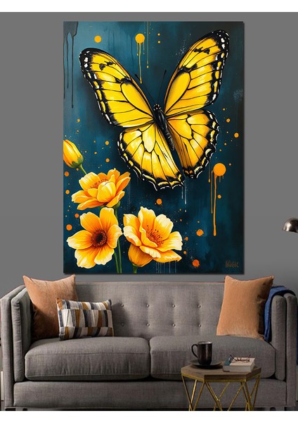 Sarı Kelebek Çizimi Dekoratif Kanvas - Mdf Ahşap Tablo modelleri