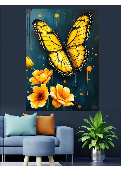 Sarı Kelebek Çizimi Dekoratif Kanvas - Mdf Ahşap Tablo fırsatları