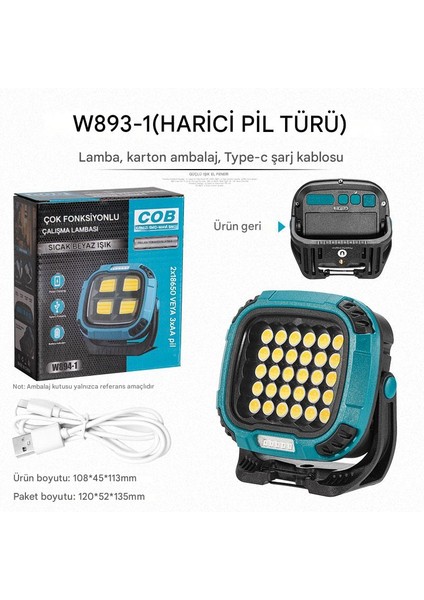 W893 Çok Fonksiyonlu Şarj Edilebilir Lamba LED Çalışma Lambası 4000K-7000K-KIRMIZI (Powerbank)