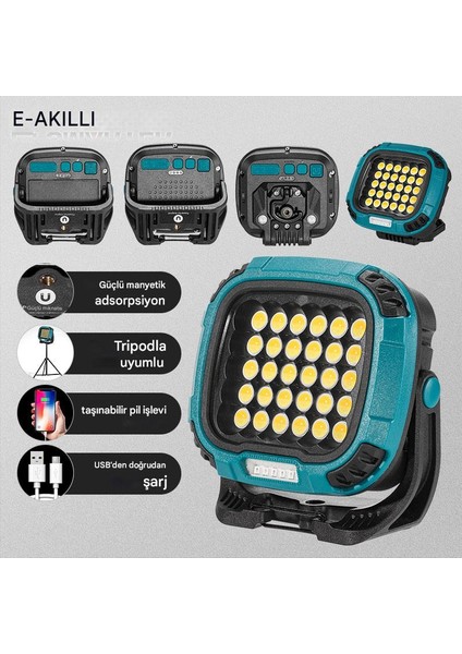 W893 Çok Fonksiyonlu Şarj Edilebilir Lamba LED Çalışma Lambası 4000K-7000K-KIRMIZI (Powerbank)