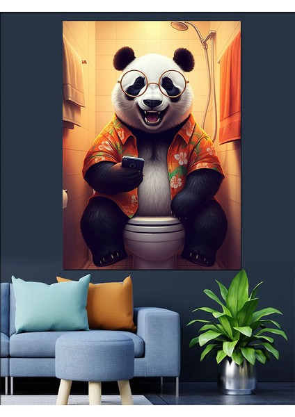 Tuvalette Oturan Panda Dekoratif Kanvas - Mdf Ahşap Tablo