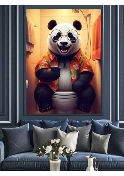 Tuvalette Oturan Panda Dekoratif Kanvas - Mdf Ahşap Tablo
