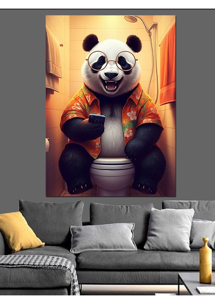 Tuvalette Oturan Panda Dekoratif Kanvas - Mdf Ahşap Tablo