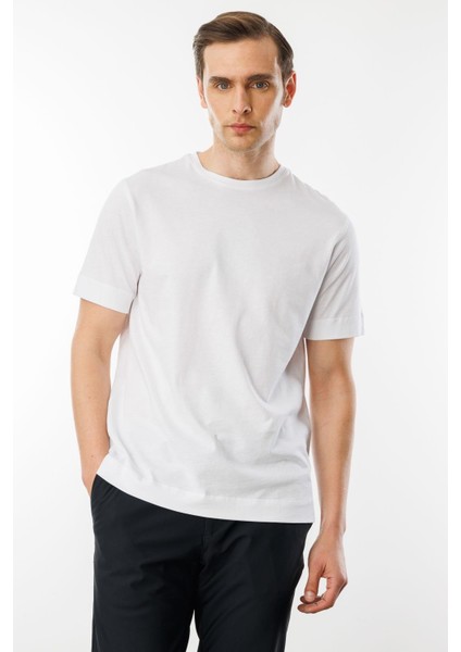 Erkek Sıfır Yaka Pamuklu T-Shirt Beyaz