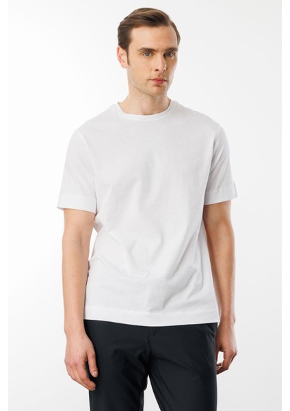 Erkek Sıfır Yaka Pamuklu T-Shirt Beyaz