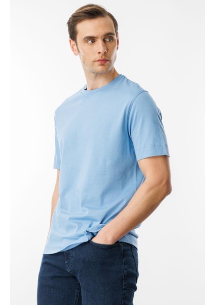 Erkek Sıfır Yaka Pamuklu T-Shirt Mavi