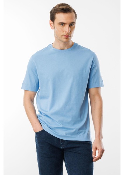 Erkek Sıfır Yaka Pamuklu T-Shirt Mavi