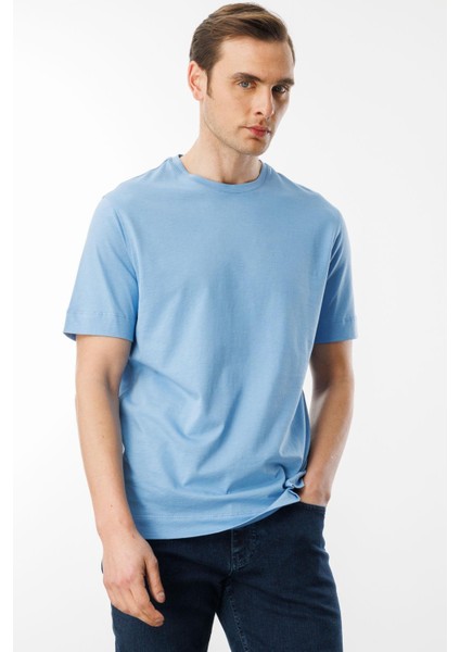 Erkek Sıfır Yaka Pamuklu T-Shirt Mavi