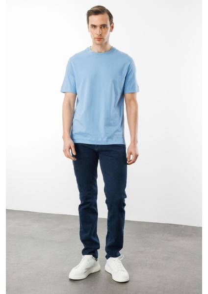 Erkek Sıfır Yaka Pamuklu T-Shirt Mavi modelleri