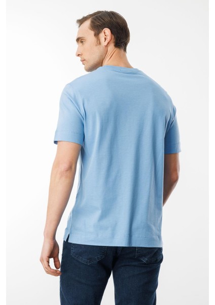 Erkek Sıfır Yaka Pamuklu T-Shirt Mavi