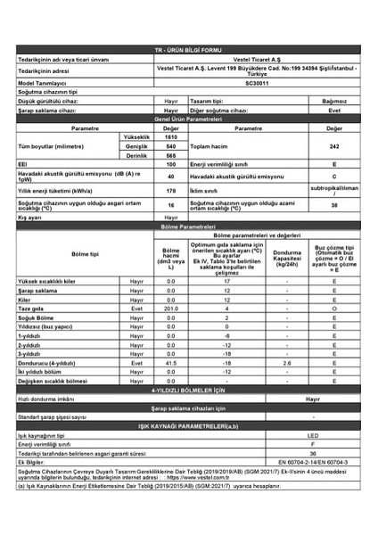SC30011 242 Lt E Enerji Sınıfı Statik Buzdolabı