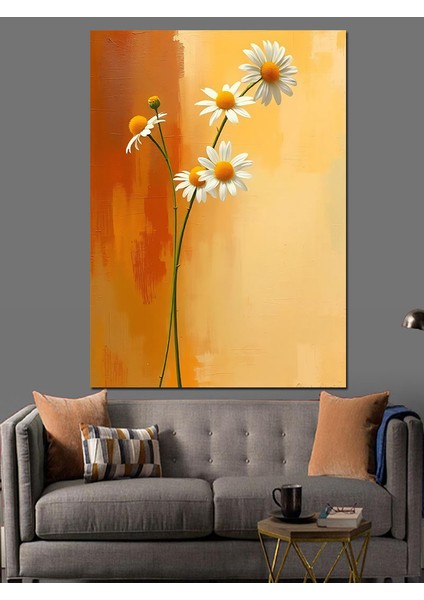 Beyaz Papatya ve Turuncu Arka Plan Dekoratif Kanvas - Mdf Ahşap Tablo