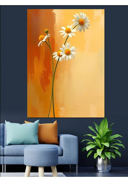 Beyaz Papatya ve Turuncu Arka Plan Dekoratif Kanvas - Mdf Ahşap Tablo fiyatları