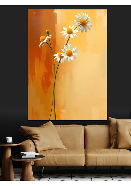 Beyaz Papatya ve Turuncu Arka Plan Dekoratif Kanvas - Mdf Ahşap Tablo modelleri