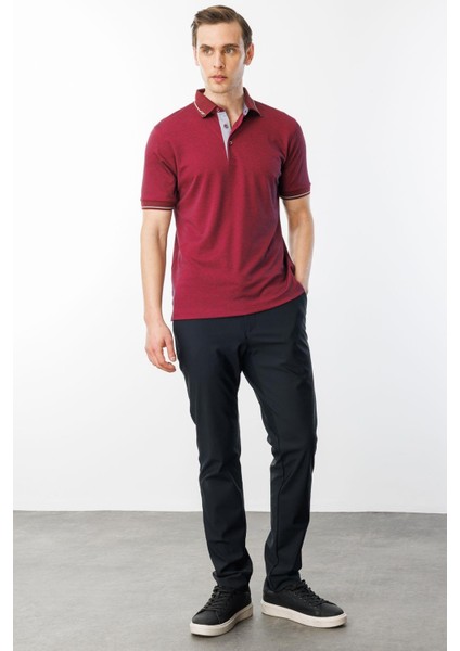 Erkek Polo Yaka Yakası ve Kolu Triko T-Shirt Bordo