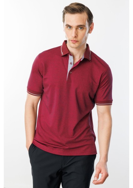 Erkek Polo Yaka Yakası ve Kolu Triko T-Shirt Bordo