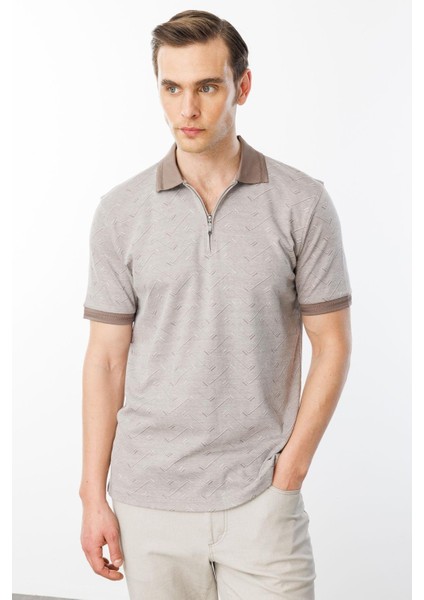 Erkek Fermuarlı Jakarlı T-Shirt Bej