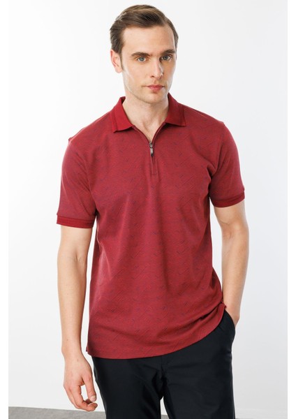 Erkek Fermuarlı Jakarlı T-Shirt Bordo fiyatları