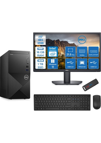 Vostro 3020MT Intel Core I5 14400 16GB 1tb SSD Windows 11 Pro 21.5 Fhd Monitör Bilgisayar ZTN2042VDT3020MTMW108+ZETTAUSBBELLEK