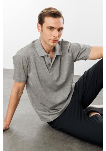 Erkek Polo Yaka Pike Merserize T-Shirt Gri Melanj