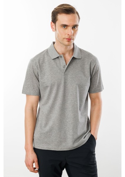 Erkek Polo Yaka Pike Merserize T-Shirt Gri Melanj
