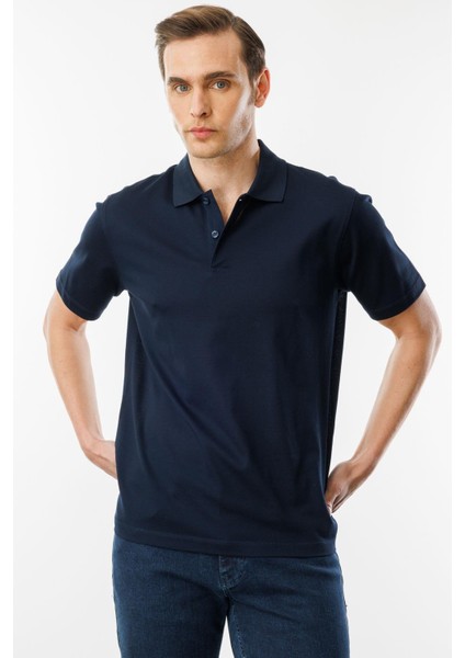 Erkek Polo Yaka Pike Merserize T-Shirt Lacivert