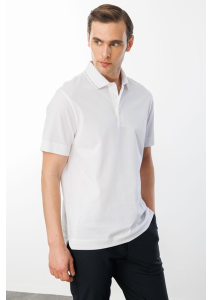 Erkek Polo Yaka Merserize T-Shirt Beyaz