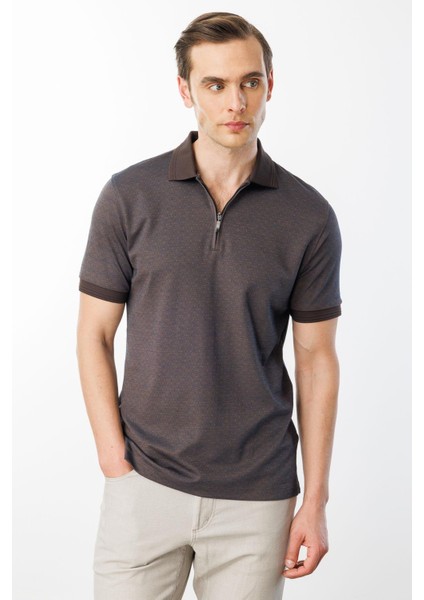 Erkek Fermuarlı Jakarlı T-Shirt Kahve