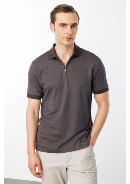 Erkek Fermuarlı Jakarlı T-Shirt Kahve fiyatları