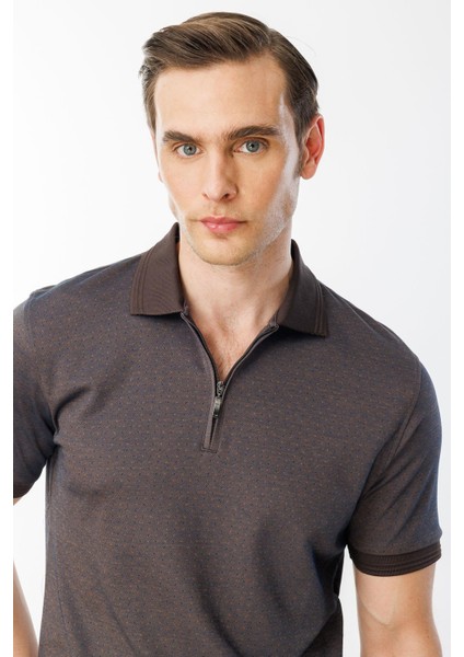 Erkek Fermuarlı Jakarlı T-Shirt Kahve fırsatları