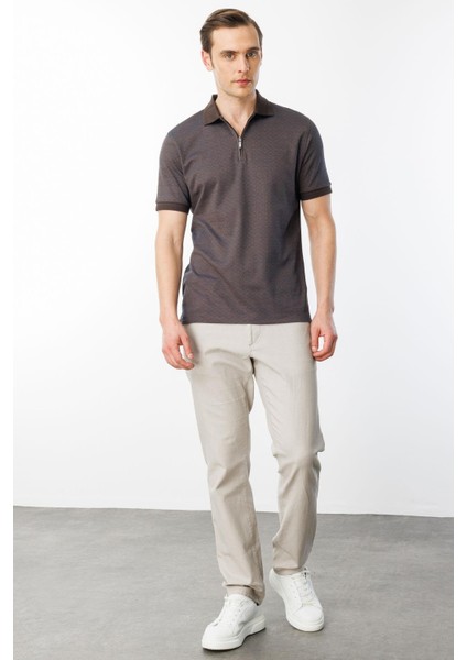 Erkek Fermuarlı Jakarlı T-Shirt Kahve indirimleri