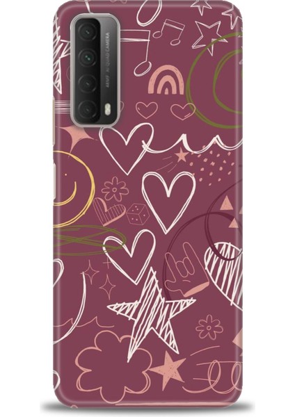 Huawei P Smart 2021 Kılıf Hd Baskılı - Notalar ve Kalpler Bordo