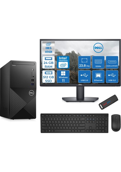 Vostro 3020MT Intel Core I5 14400 24GB 512GB SSD Windows 11 Home 23.8 Fhd Monitör Bilgisayar ZTN2042VDT3020MTNH112+ZETTAUSBBELLEK