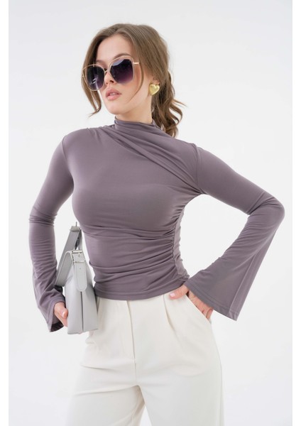 Antrasit Yanı Drape Büzgülü Likralı Örme Bluz