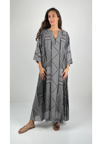 TRUVA V Yaka Turvakar Kollu Oversize Uzun Viskon Elbise