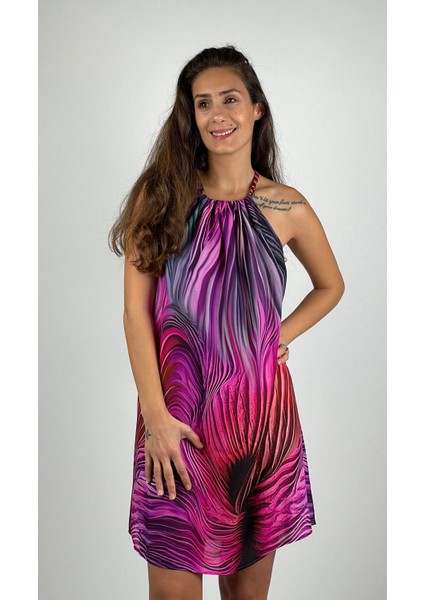 DIANA Halter Yaka Askılı Kısa Viskon Elbise