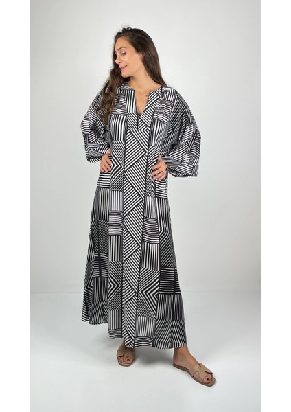 TRUVA V Yaka Turvakar Kollu Oversize Uzun Viskon Elbise fiyatları