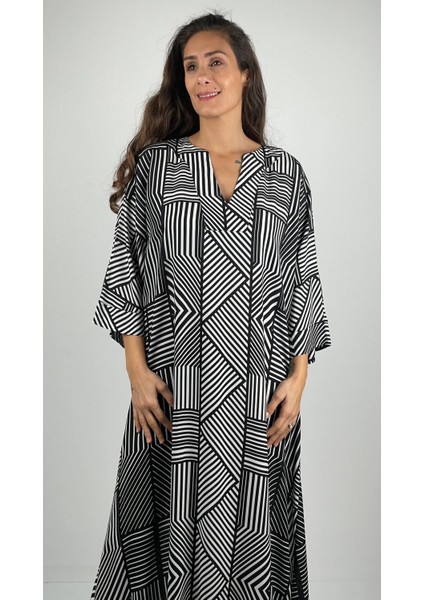 TRUVA V Yaka Turvakar Kollu Oversize Uzun Viskon Elbise modelleri