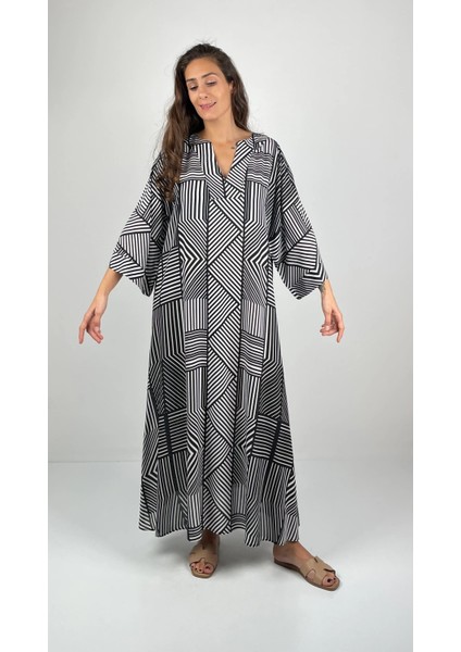 TRUVA V Yaka Turvakar Kollu Oversize Uzun Viskon Elbise fırsatları