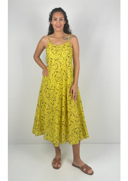 MOTHRA DRESS Yuvarlak Yaka İnce Askılı Desenli El Baskısı Uzun Elbise