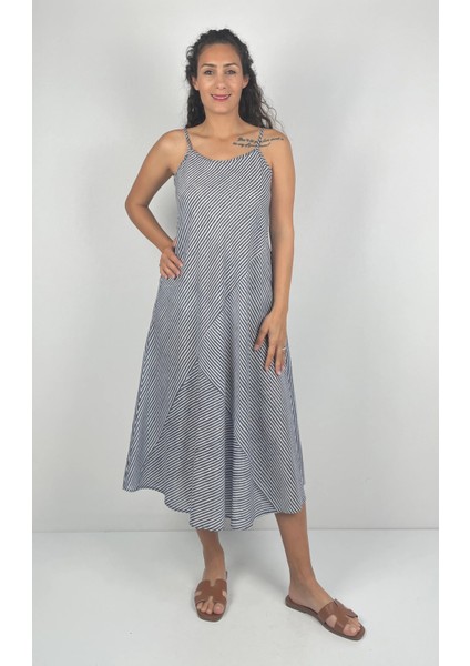 MOTHRA DRESS Yuvarlak Yaka İnce Askılı Desenli El Baskısı Uzun Elbise