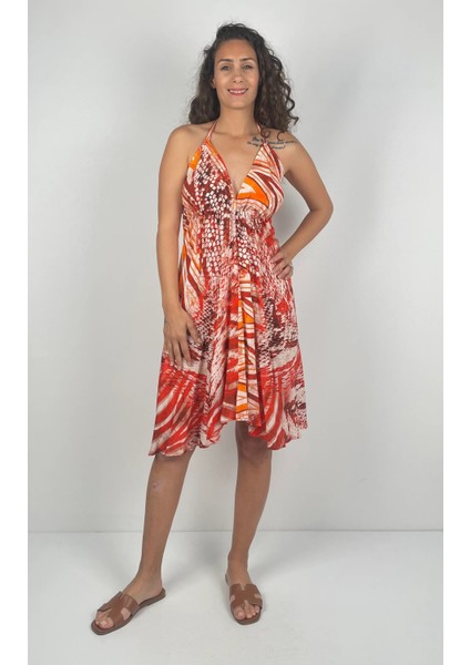 BOLERO K. V Yaka Boyundan ve Sırttan Bağlı Askılı Kısa Viskon Elbise